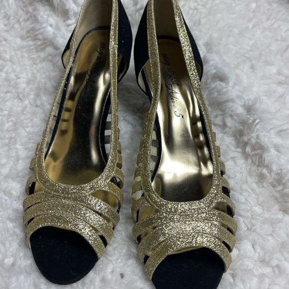 Easy Street gold sparkling and faux black suede strappy slip on open toe SZ8 - Picture 2 of 9